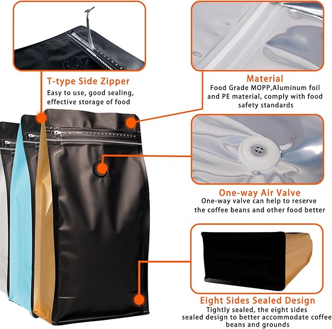Coffee Bags with Valve (60 PCS,16oz/1lb) Black Side Color High Barrier Aluminum Foil Flat Bottom Standing Coffee Beans Storage Packaging Bags, Reusable Heat Seal Side Zipper Pouches for Small Busines