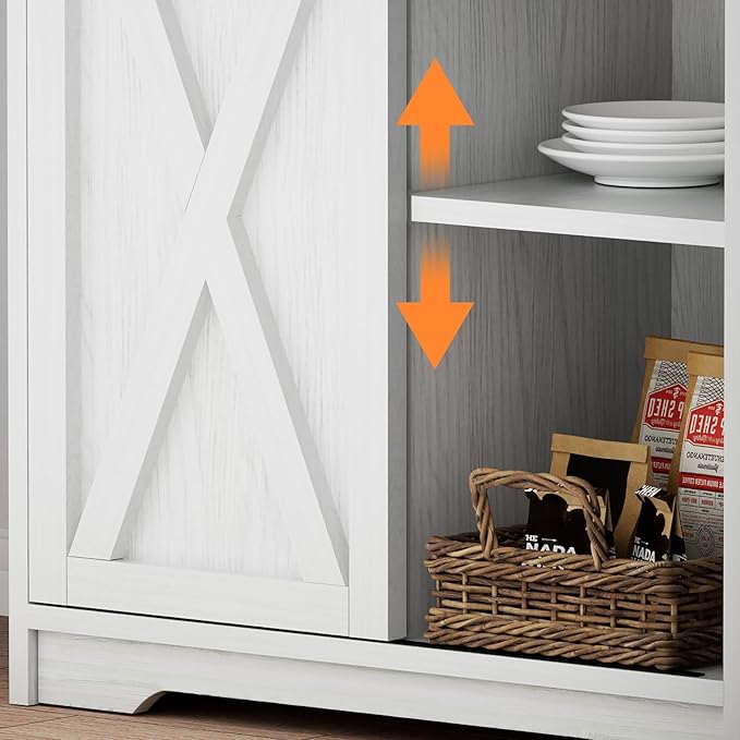 Farmhouse Coffee Station with 3 Tier Storage Hutch & 6 Hooks - 56 Inch Small Coffee Bar Table with Adjustable Shelves for Living/Dining Room