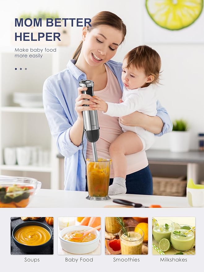 5-in-1 Hand Immersion Blender, 1000W Handheld, Copper Motor Stainless Steel Blade Stick, Mixing Beaker, Food Processor, Whisk, Milk Frother for Smoothies Puree Baby Food (Black)