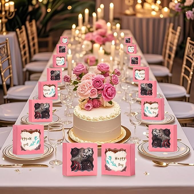 3.2x3.2x1.5 Inches 100PCS Chocolate Truffle Boxes Mini Bakery Boxes with Window for Cookies,Soap,Donut, Macaron,Brownie(Pink)