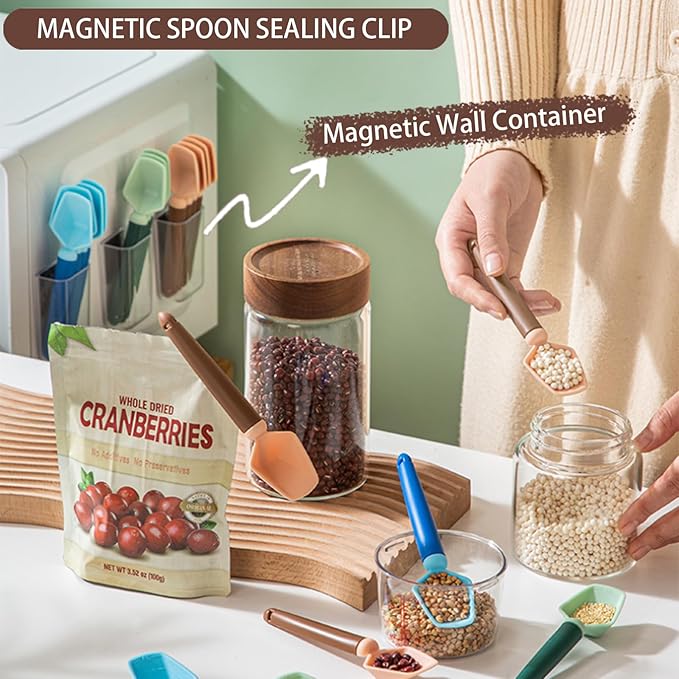2 SET of 8 PCS Multi-functional sealing clip with measuring spoon Magnetic Coffee Measuring Spoon Sealing Clips with Wall Container Mount, PP materia, Deep Bowl Design (Black)