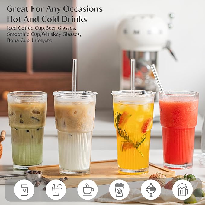 INSETLAN 530ml Glass Cups with Straws & Straw Cleaner, Set of 4, Clear Ribbed Drinking Glasses with Plastic Lids for Water, Juice, Iced Coffee & Smoothies, Dishwasher Safe