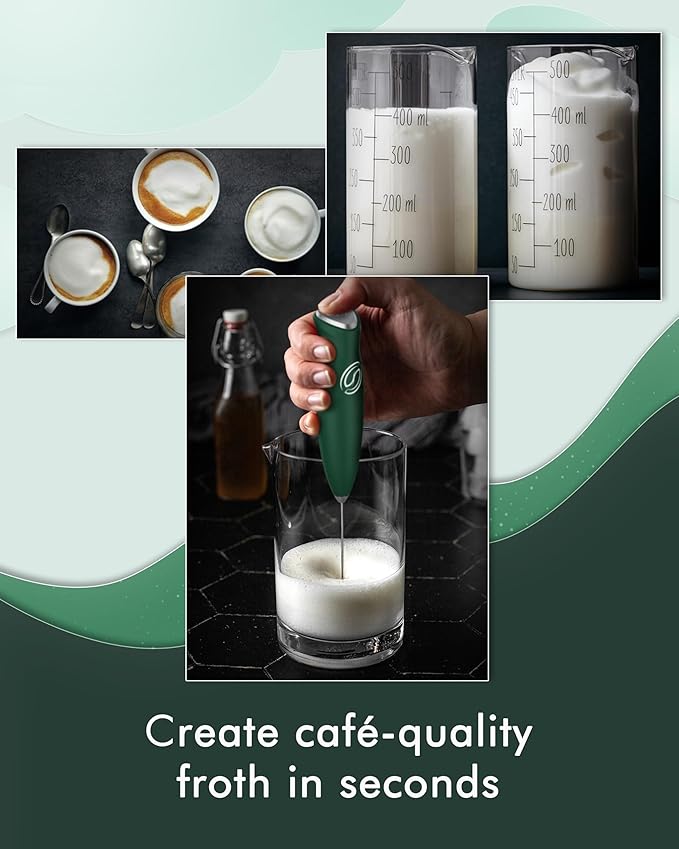 Milk Frother With Stand Handheld Frother Wand Drink Mixer Handheld Coffee Stirrers Electric Frother for Coffee Mixer Wand with 2 Whisk frother for protein powder-Green