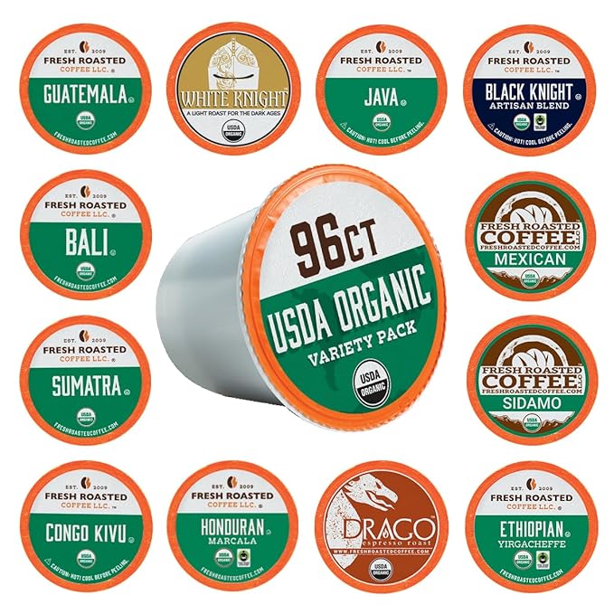 Fresh Roasted Coffee, USDA Organic Variety Pack | 96 Pods for K Cup Brewers