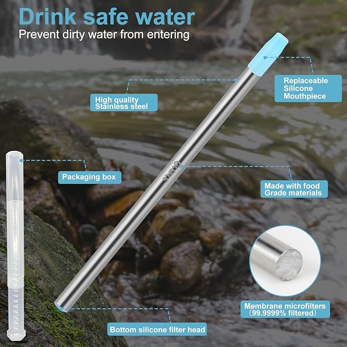 Personal Water Filter Straw, Reusable Stainless Steel Water Filter Drinking Straw Portable Outdoor Emergency Survival Gear for Hiking, Camping, Travel, Hunting & Fishing (Large)