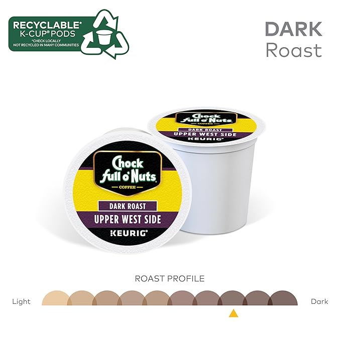 Chock Full o'Nuts Upper West Side Coffee, Dark Roast, Compatible with K-Cup Pods, 12 CT (Pack of 6)