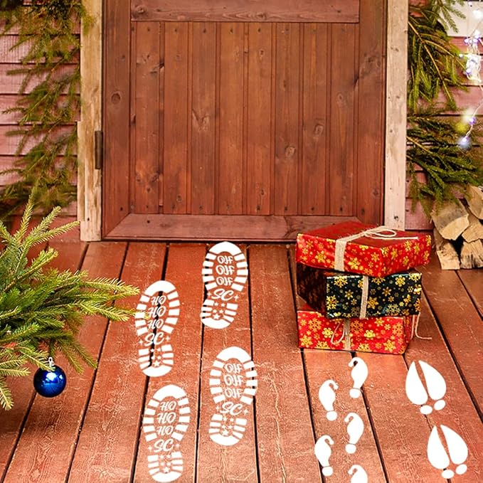 Christmas Stencils 12” Christmas Santa Footprint Stencils Reusable Reindeer Elf Santa Shoe Stencil Holiday Drawing Templates for Floor Porch Wood Sign Decor