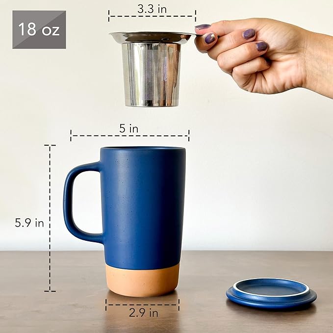 Mora Ceramics Large Tea Mug with Loose Leaf Infuser and Ceramic Lid, 18 oz, Portable, Microwave and Dishwasher Safe, Tall Coffee Cup - Rustic Matte Ceramic Glaze, Modern Herbal Tea Strainer, Deep Blue