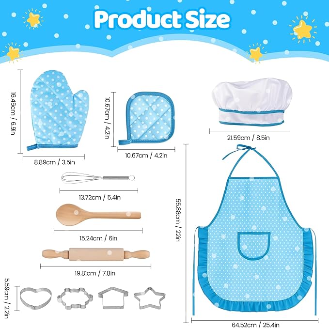 11 PCS Kids Chef Costume Set, Cooking & Baking Toys for Toddlers 3-8 with Adjustable Apron, Pretend Play Gift for Boys & Girls Birthday Xmas（Blue）