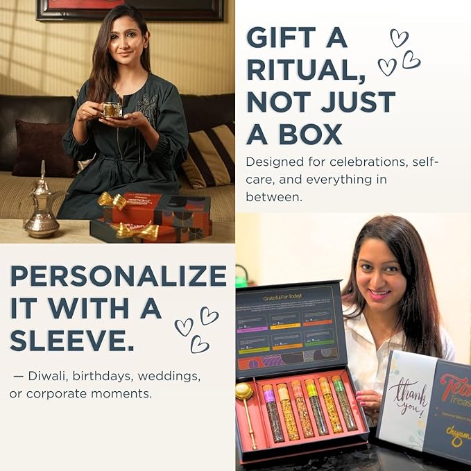 CHAYAM 6 Tube Tea Gift Set | Herbal & Green Loose Leaf Teas in Glass Tubes & a Lead-Free Brass Infuser | Chamomile, Mint, Cinnamon, Turmeric, Lavender & Himalayan Green