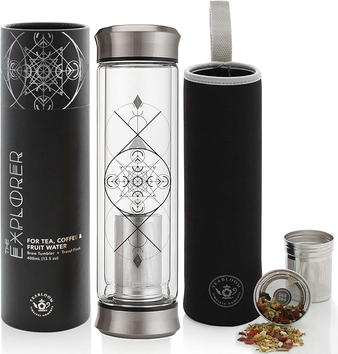 Teabloom All-Beverage Infusion Bottle – 14 oz / 400 ml – Double Wall Insulated Glass Travel Flask – Hot Tea & Cold Brew Coffee Thermos – Removable Sleeve