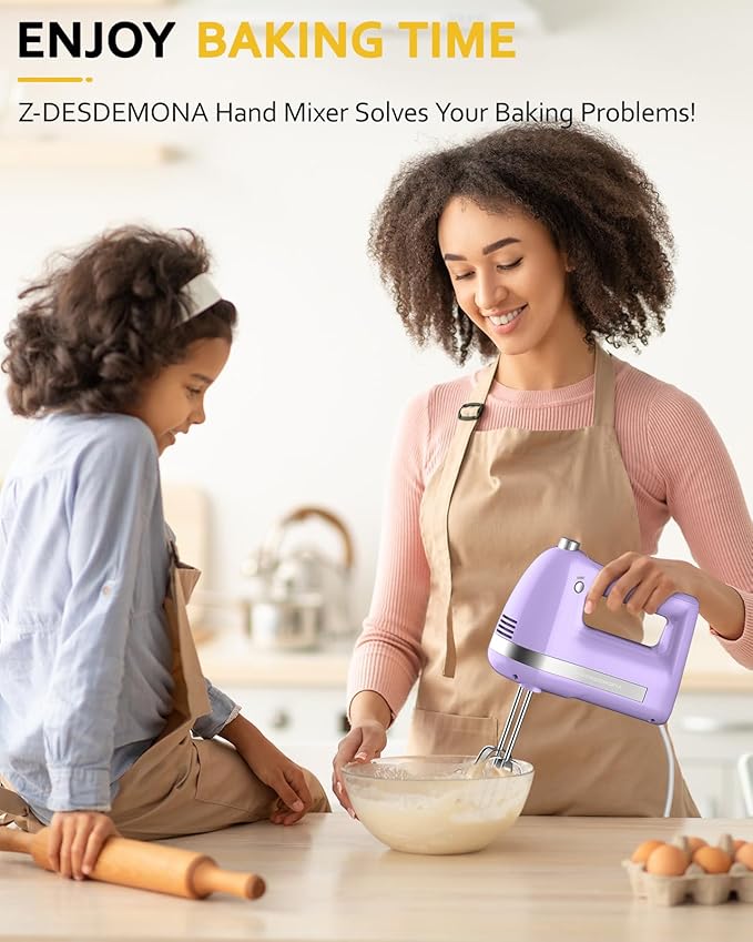 Electric Hand Mixer, Powerful 300W Hand Mixer Electric Handheld with 304 Beaters, Dough Hook,Hand Held Mixer with Turbo for Baking Cakes, Eggs, Cream Food(Purple)