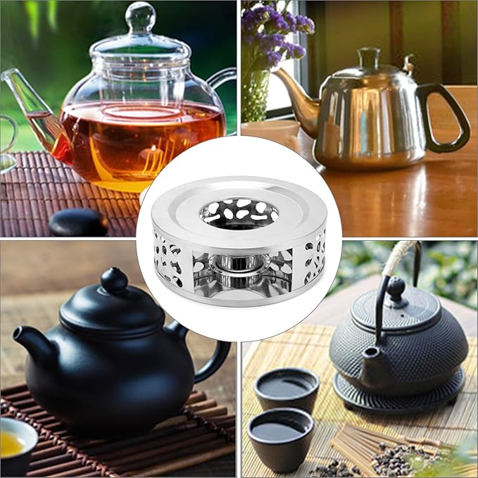 QWORK Tea Kettle Warmer, 4 Pack Brushed Stainless Steel Kettle, Hollow Frame, with Tea Candle Holder, Fits Most Teapots, Silver