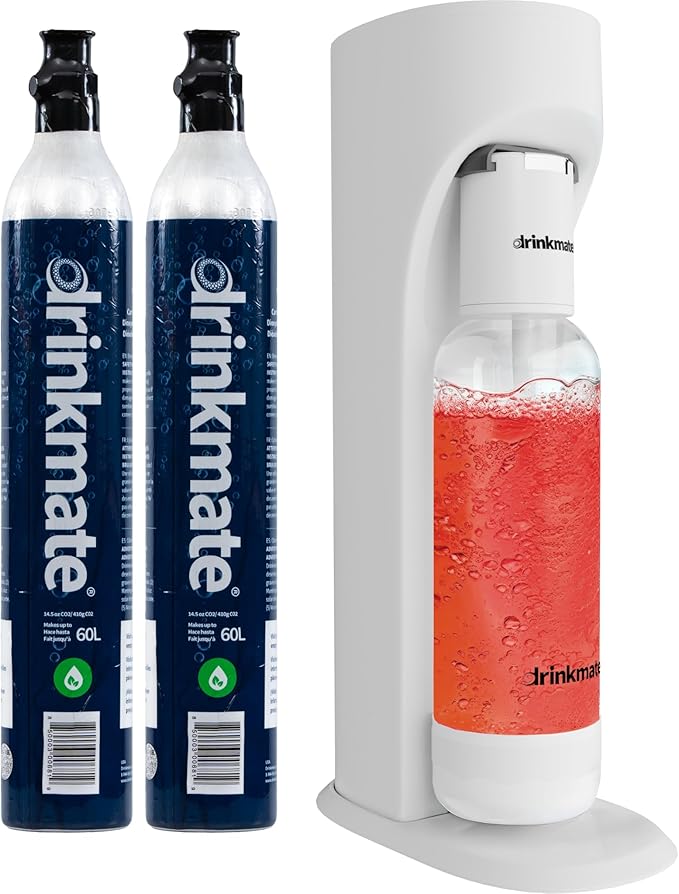 Drinkmate OmniFizz Sparkling Water and Soda Maker, Carbonates Any Drink, Bubble Up Bundle - Includes Two 60L CO2 Cylinders, One Carbonation Bottle, and Fizz Infuser (Classic White)