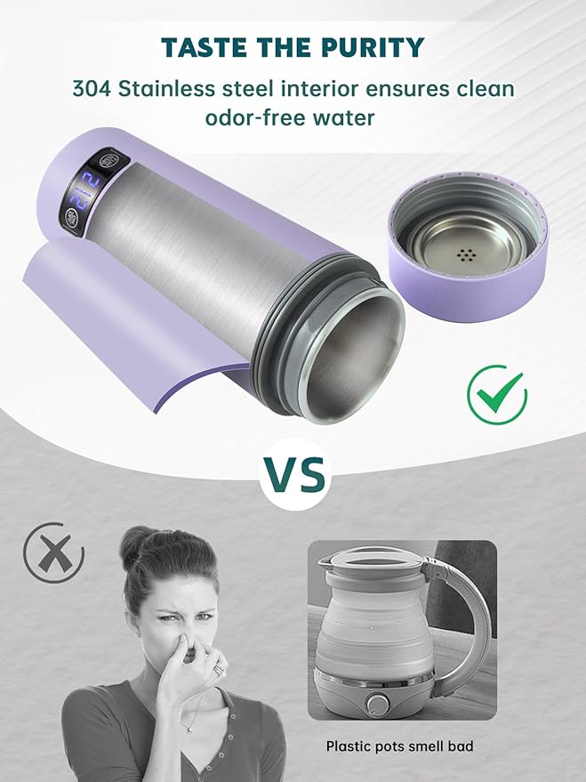 balbali Dual Voltage Travel Kettle 100-250V - 12oz Portable Water Boiler/Warmer/Heater for Boiling Water - 4 Preset Temperature Control Portable Tea Kettle Electric Travel - Purple