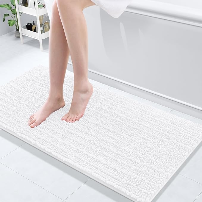 Arotive Luxury Chenille Bathroom Rug Mat, Extra Soft Thick Absorbent Shaggy Bath Rugs, Non-Slip Machine Wash Dry, Plush Bath Mats for Bathroom, Shower and Tub, 47x17, White