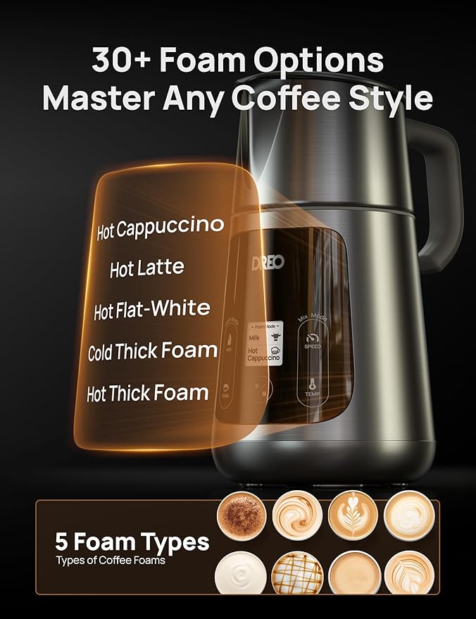 Dreo All-in-1 BaristaMaker Milk Frother, Electric Foam Frother for Latte Art Microfoam and Coffee, 15oz/450ml Automatic Milk Warmer with 30 Drinks, Dishwasher Safe, Dairy/Plant-Based Milk