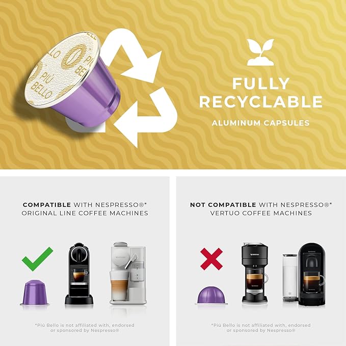 Piu Bello Coffee Pods - Nespresso Machine (Original) Compatible Capsules Pack - Rich & Balanced Taste - Strong Italian Espresso Flavored - Kosher Certified (120 Count Single Flavor) (Roga)