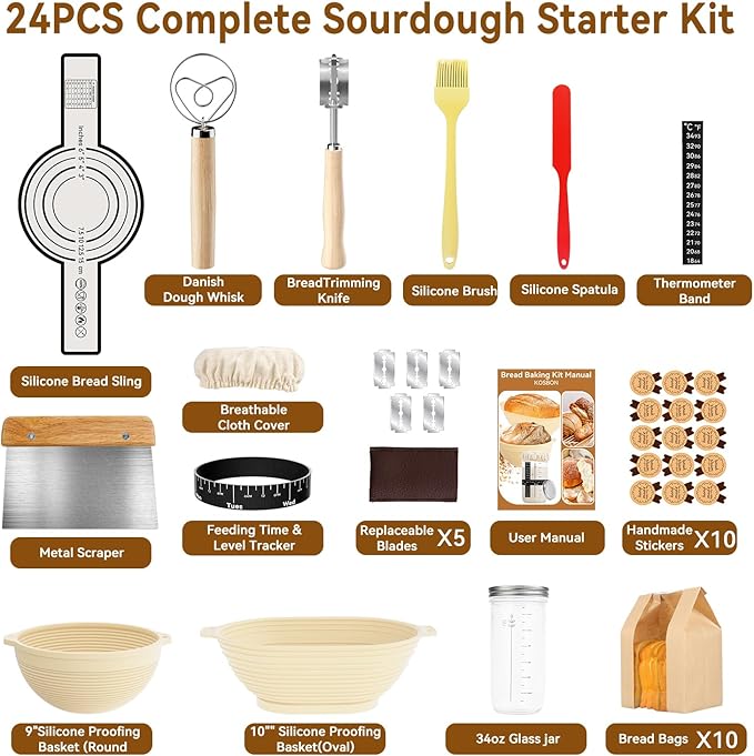 24 PCS Sourdough Starter Kit w/ 34oz Sourdough Starter Jar, Sourdough Bread Baking Supplies 9" Round & 10" Oval Silicone Banneton Bread Proofing Baskets & Baking Tools Set, Ideal Gift for Baking Gift