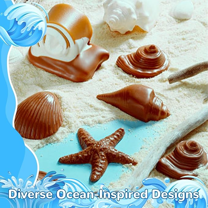 Ocean Chocolate Fondant Mold Set Food-Grade Silicone Baking Molds with Shell, Starfish, Seashell Beach Life Phrases, Reusable for Under the Sea Cakes, Cupcakes & Party Treats - 8 Pack