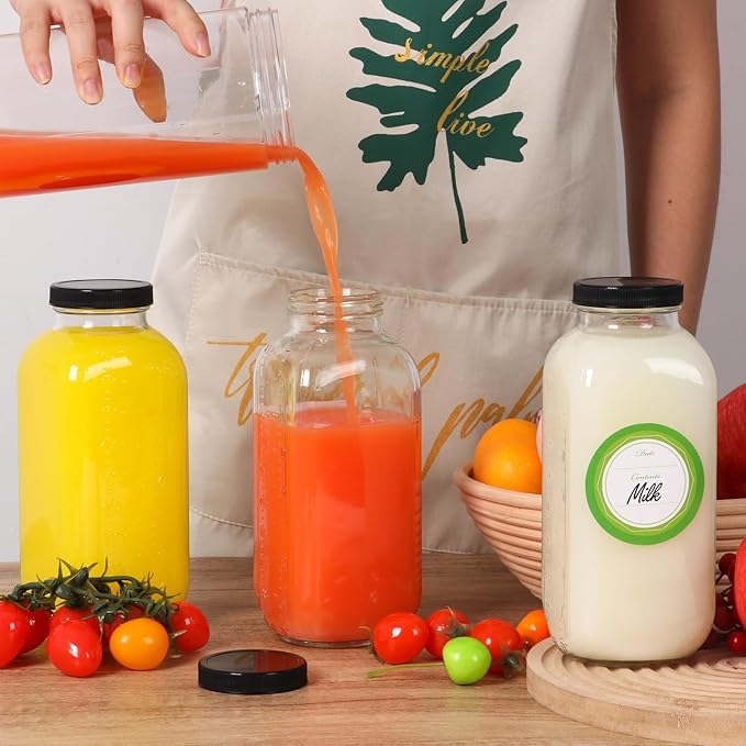STARSIDE 32 oz Glass Juice Bottles with Lids 4 Pack - Square Reusable Drinking Jars for Juicing, Milk, Kombucha - Includes 1 Bottle Brush, 6 Colored Labels