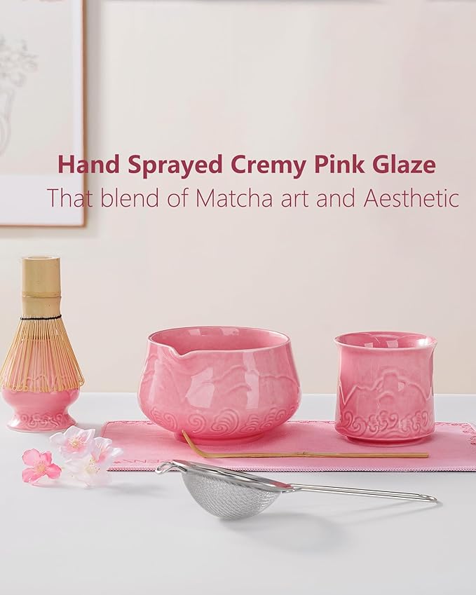 ZENS Pink Matcha Set, Matcha Whisk Set Includes 15oz Ceramic Bowl and Matcha Cup for Bamboo Whisk, (Chasen Holder), Scoop, Sifter and Tea Towel, 7pcs Matcha Kit for Matcha Lovers