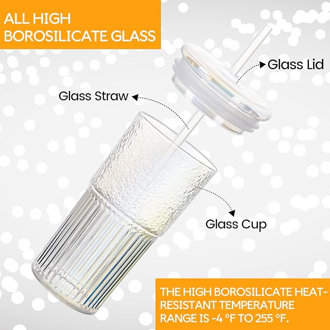 Colorful High Borosilicate Glass Cups With Lids and Glass Straws，20 OZ Rainbow Iced Coffee Water Tumbler Smoothie