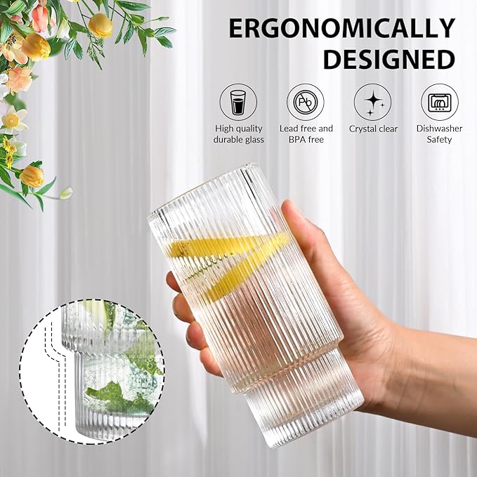 16OZ Ribbed Glass Cups with Lids and Straws,Iced Coffee Cups with Lid,Vintage Glassware for Whiskey Cocktail Beer Fruit Juice Glasses Tumbler(1Pack)