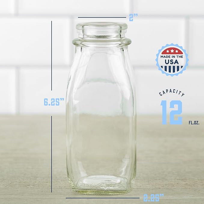 kitchentoolz 12 Oz Square Glass Milk Bottles with Lids (4 Pack) – Reusable Glass Creamer Bottles for Milk, Juice, and More – Includes Tamper-Proof Caps and One Silicone Pour Spout
