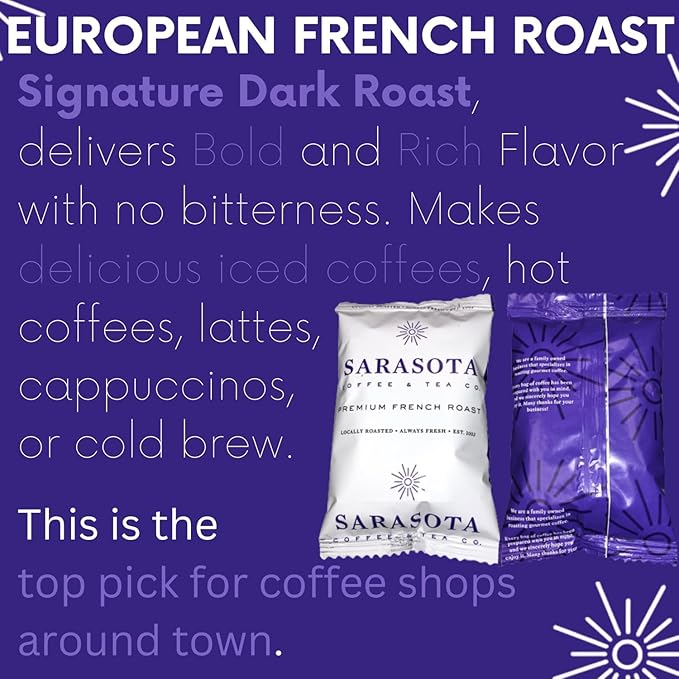 Sarasota Coffee Ground Packets | Gourmet Dark French Roast Ground Coffee Packs | Cubano European | Low Acid Mold Free Singles Individual Pouches for 12 Cup Coffee Maker | 2 Ounce Bags, 12 Count