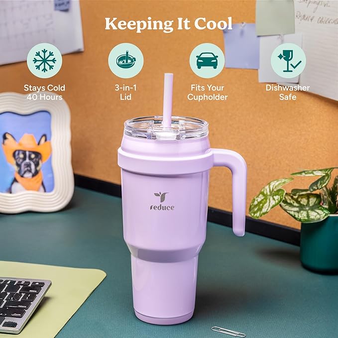 REDUCE Cold1 40 oz Tumbler with Handle - Vacuum Insulated Stainless Steel Water Bottle for Home, Office or Car, Reusable Mug with Straw or Leakproof Flip Lid, Keeps Drinks Cold All Day- Gloss Cotton