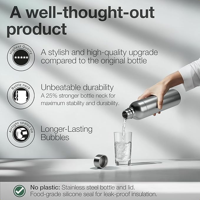 Stainless Steel Carbonating Bottle 33 oz | Compatible with Aarke Carbonator 3, Sodastream (Excl. model Aqua Fizz + Jet) & many others | Dishwasher Safe | No Expiration Date