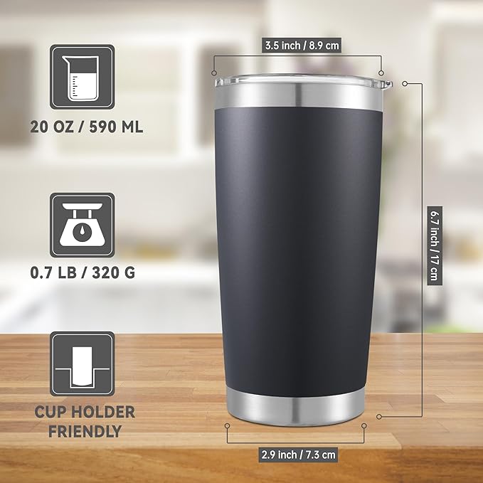 20 oz Tumblers Bulk Stainless Steel Tumbler with Lid Double Wall Vacuum Insulated Coffee Mug 20oz Powder Coated Cup for Hot and Cold Drinks, Black, 12 pack