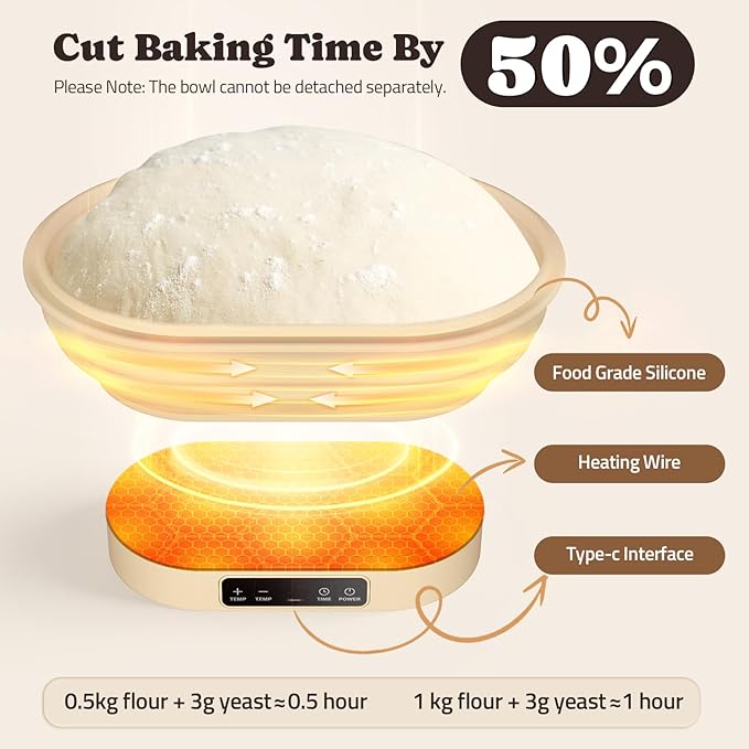 Heating Complete Sourdough Starter Kit, 2L Electric Thermostatic Silicone Oval Foldable Banneton Bread Proofing Basket with 6 Timer & Temp Settings for Dough Rising, Dishwasher Safe, Bread Making Kit