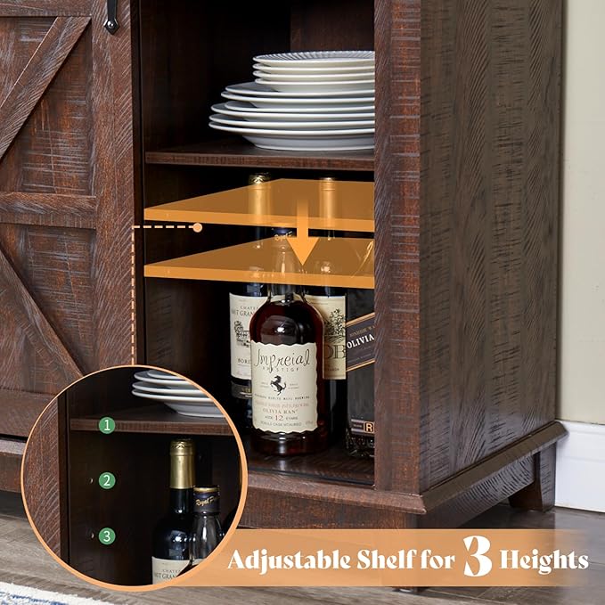 AMERLIFE 72'' Coffee Wine Bar Cabinet with Sliding Barn Door, Farmhouse Kitchen Sideboard, Buffet Storage Table, Wine Glass Racks, 3 Drawers, LED Lights, Tall Hutch Home Bar for Dining Room Brown