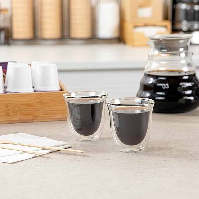 Restaurantware-Forma Professional 2.7 Ounce Double Wall Shot Glasses, 2 Insulated Espresso Cups - Dishwashable, Reusable, Clear Glass Coffee Cups, Freezable, For Hot Or Cold Beverages
