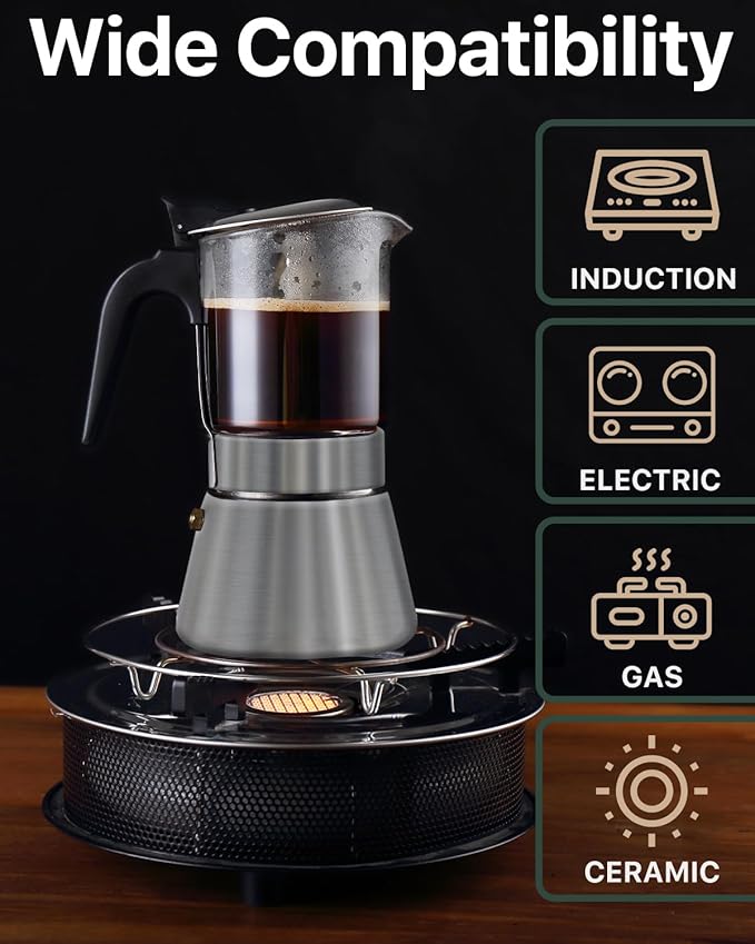Grasseed Stainless Steel Moka Pot, Crystal Glass-top Coffee Maker Mocha Pot, Italian Stovetop Espresso Maker for Coffee - 6 Cup/240ml