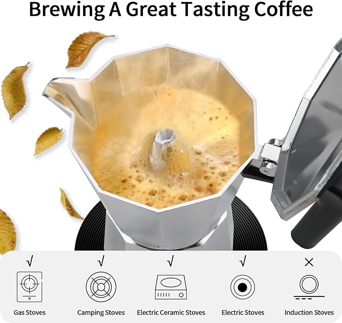 Mongdio Stovetop Espresso Maker Moka Pot, Stove Top Cuban Coffee Maker, Italian Greca Mocha Pot, 12 Espresso Cups, 20 oz - Silver