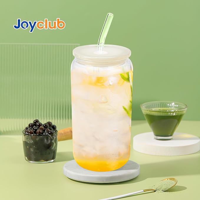 Joyclub 4pcs Glass Cups with Acrylic Lids and Straws 16 oz Can Shaped Glass Iced Coffee Cups with Lids and Straws, Cute Tumbler Cup Drinking Glasses for Smoothie Whiskey Boba Soda Tea Gift