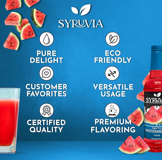Syruvia Sugar-Free Watermelon Syrup, Flavored Syrup for Drinks, Cocktails, Lemonades, Iced Teas, and Desserts – 25.4 fl oz
