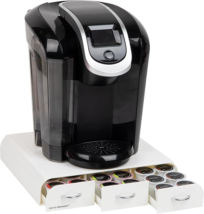 Mind Reader Single Serve Coffee Pod Organizer with 3 Drawers, 36 Pod Capacity, Countertop , 12.25"L x 13.5"W x 2.5"H, White