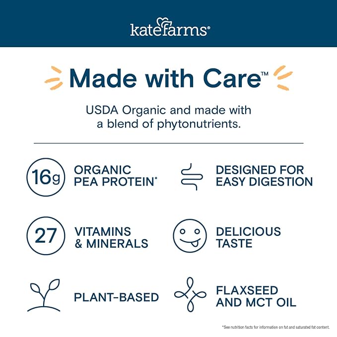 KATE FARMS Organic Nutrition Shake, Chocolate, 16g Protein, 27 Vitamins and Minerals, Protein Meal Replacement Drink, Protein Shake, 11 oz (12 Pack)