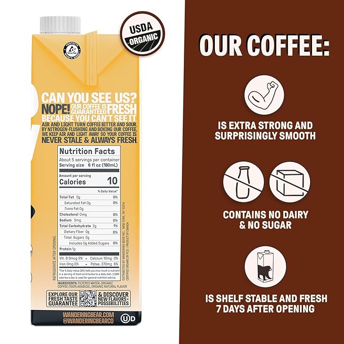 Wandering Bear Organic Caramel Cold Brew Coffee, 32 fl oz, 6 pack - Extra Strong, Bold, Smooth, Unsweetened, Shelf-Stable, Ready to Drink, Gluten Free, & Vegan, Iced Cold Brewed Coffee Drinks