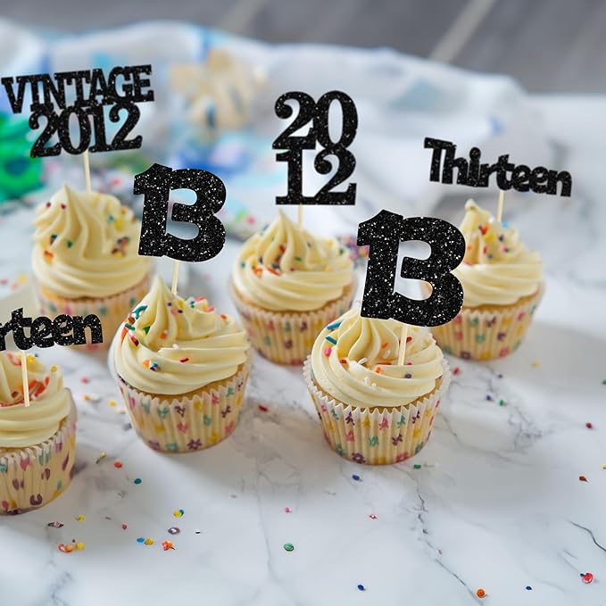 Gyufise 24Pcs 13th Birthday Cupcake Toppers Glitter Thirteen Vintage 2012 Official Teenager 13 Cupcake Picks 13 Years Birthday Cake Decorations for Happy 13th Anniversary Party Supplies Black