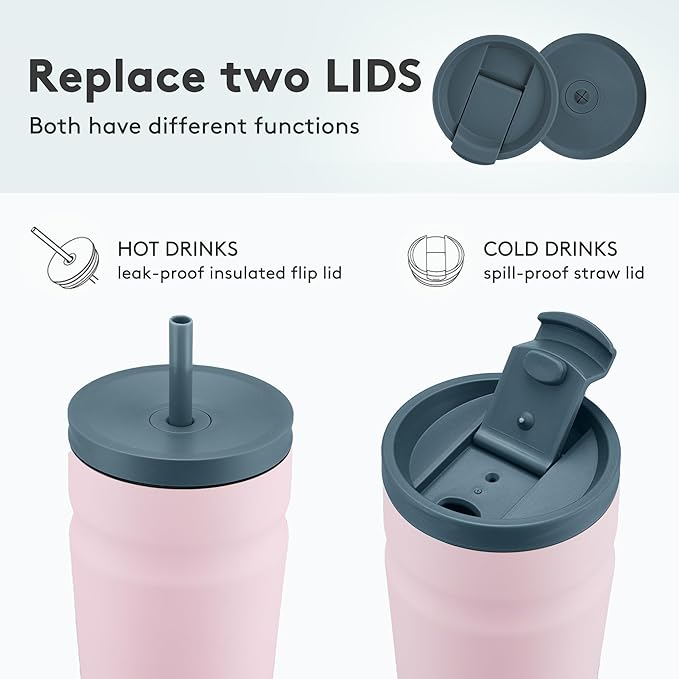 COKTIK 24oz Insulated Tumbler with Lid and Straw 2 Lids (Straw/Flip) Iced Coffee Cup Reusable Stainless Steel Travel Mug Water Bottle Cupholder Friendly for Women Men Her Him (Blush)