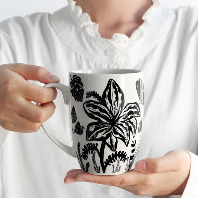 16oz Black and White Boho Floral Mug - Unique Coffee Mugs and Tea Cup, Novelty Ceramic Cups Gifts for Women and Men.