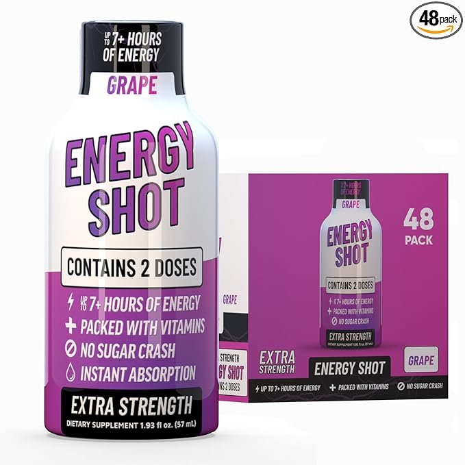 Grape Extra Strength Energy Shot 48 pk – 260mg Natural Caffeine B12 B6 – Energy & Focus Support – 2 Servings Sugar Free Zero Calorie Green Tea B-Vitamins Electrolytes Vegan – 1.93 fl oz