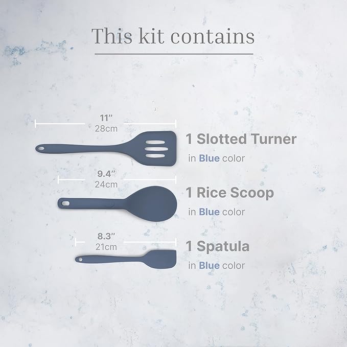 Silicone Utensils 3-Piece Set – Rubber Spatula, Slotted Turner, and Rice Paddle – Complete Heat-Resistant Set for Non-Stick Cookware – Kitchen Tools and Accessories for Cooking & Baking – Blue