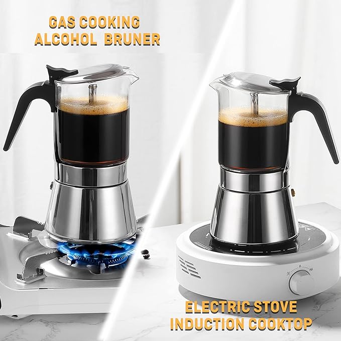 Induction Moka Pot, Crystal Glass-top & Stainless Steel Stovetop Espresso Maker,Classic Italian coffee maker (160ml)