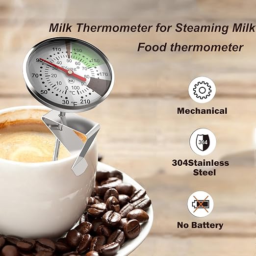 Instant Read Pocket Milk Frothing Thermometer with1 inch Dial 5 inch Probe Clip,Best Instant Read Food for The Coffee Drinks,Chocolate Milk Foam (2)